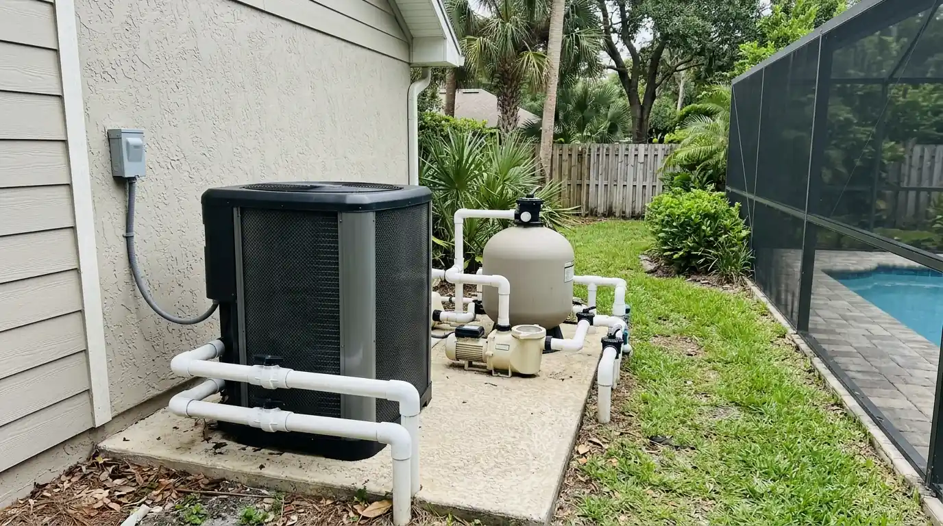 photo, pool heat pump on an equipment pad beside a backyard pool in a Jacksonville Florida yard, Jacksonville Florida home, natural light, prestonreeves-jax-guide-pool-heat-pump-guide-jacksonville-1