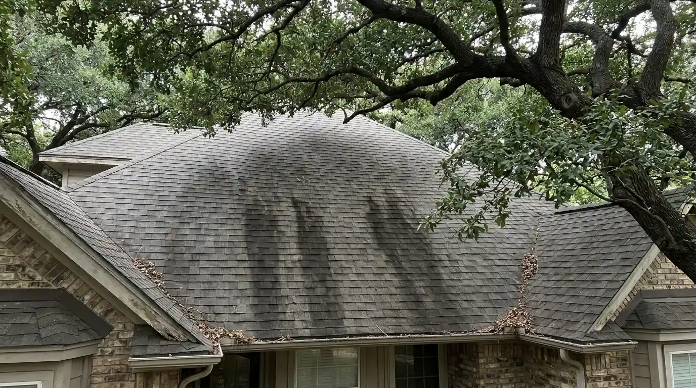 Algae streaks on a shaded Dallas roof slope