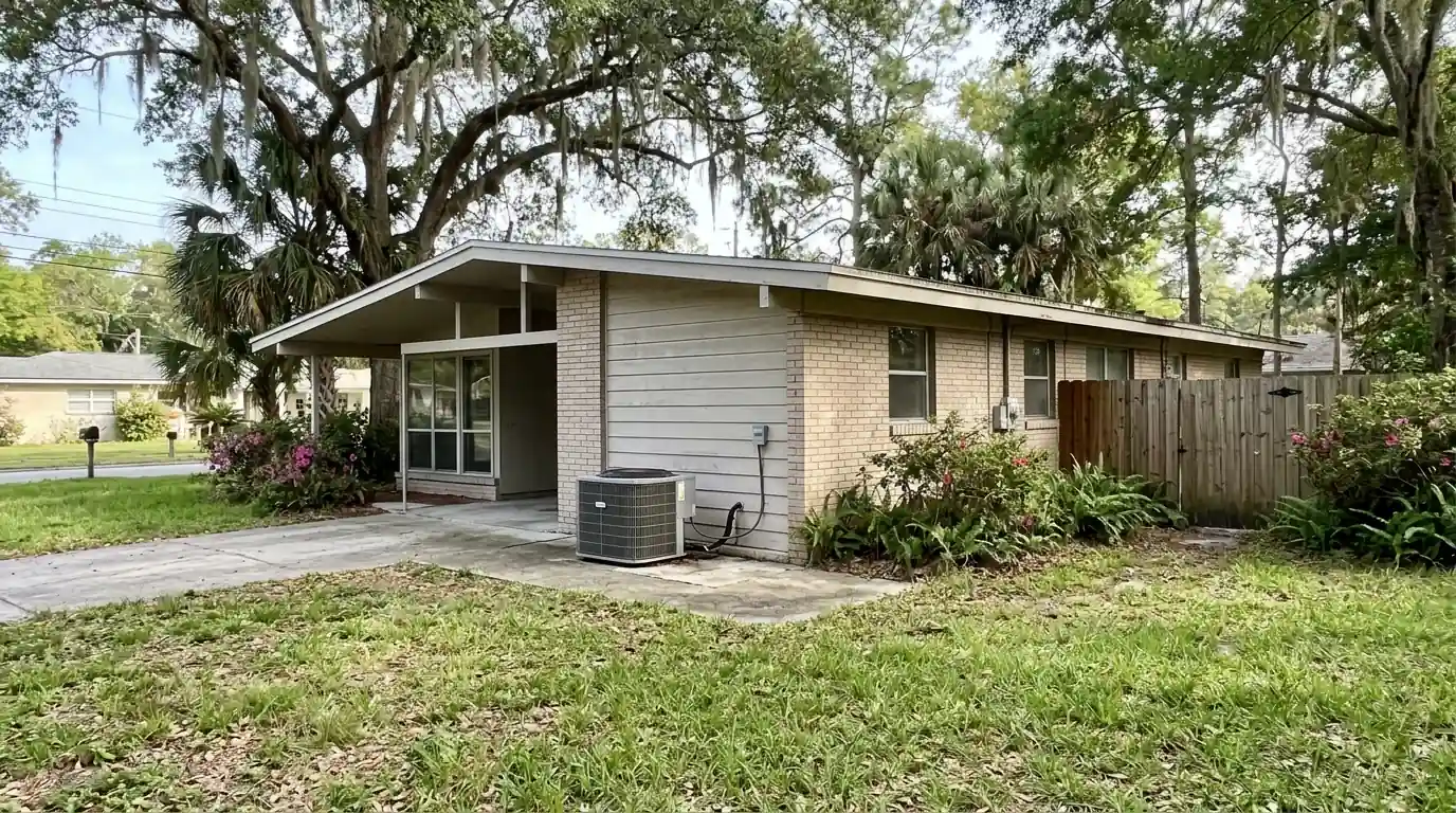 photo, mid-century modern ranch home in Arlington Jacksonville with a low-pitched roof and a heat pump on a side pad, Jacksonville Florida home, natural light, prestonreeves-jax-area-arlington-1