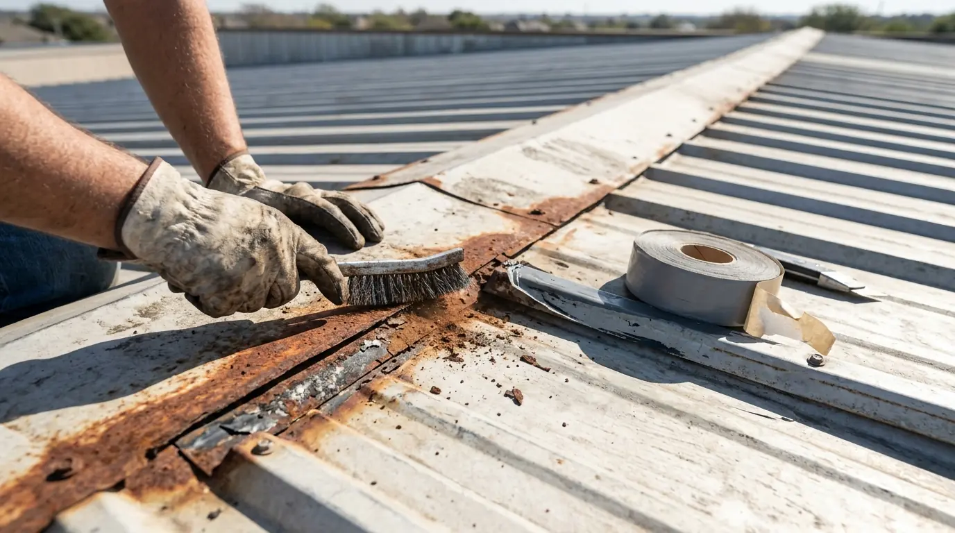 Rusted metal roof lap cleaned and sealed