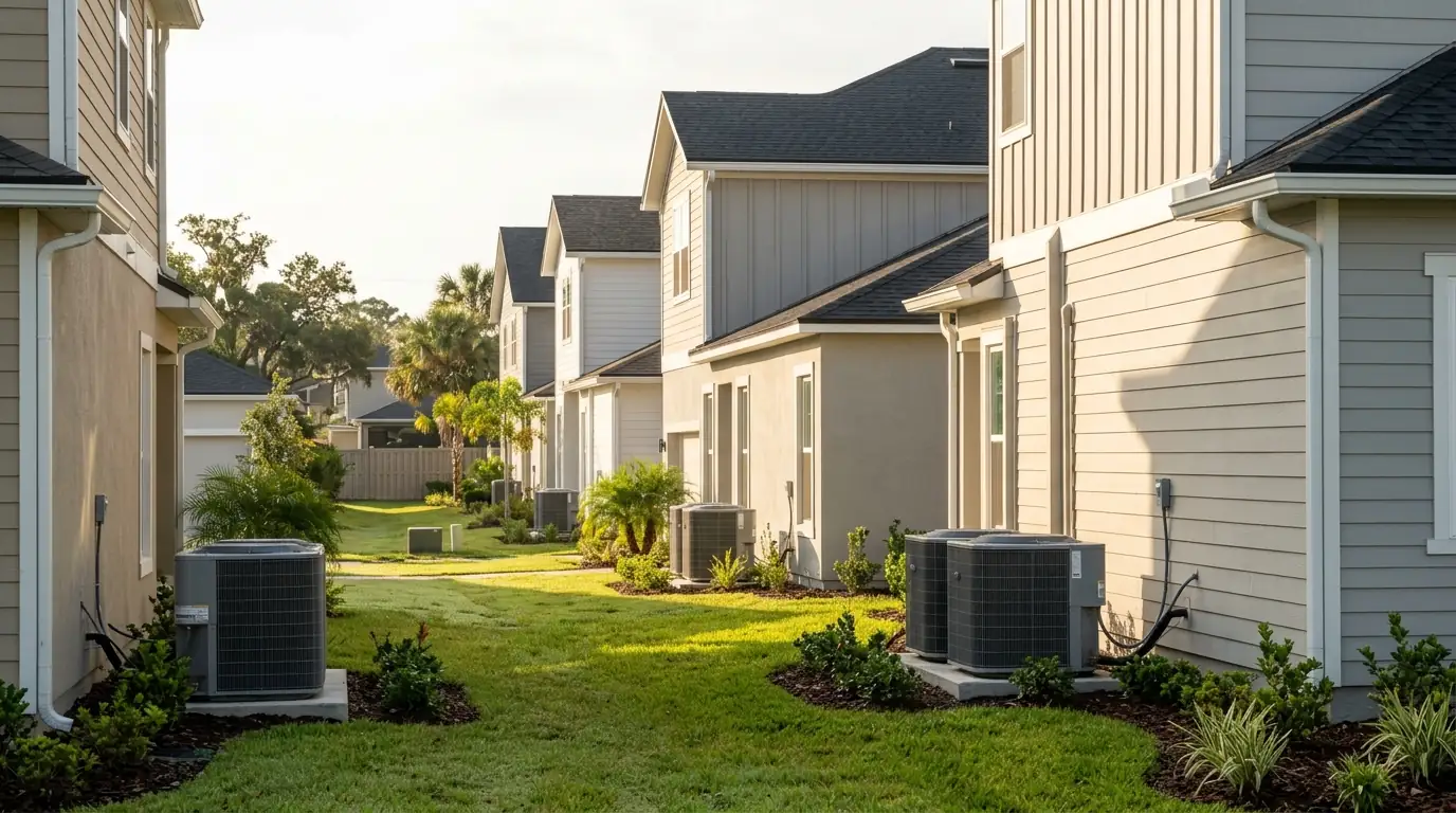 photo, row of newer Nocatee homes with matching condensers on side pads, landscaped yards, morning light, Jacksonville Florida home, natural light, prestonreeves-jax-area-nocatee-1