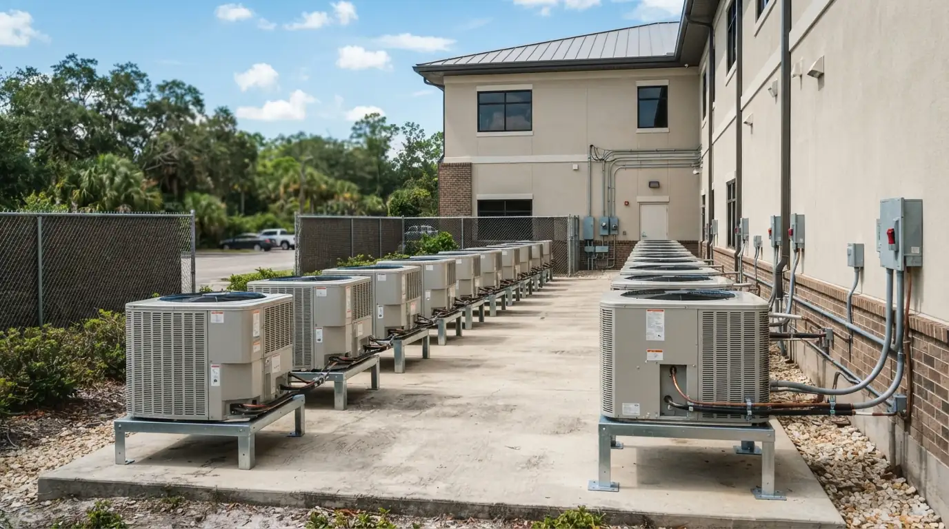 Commercial split system condensers behind an office