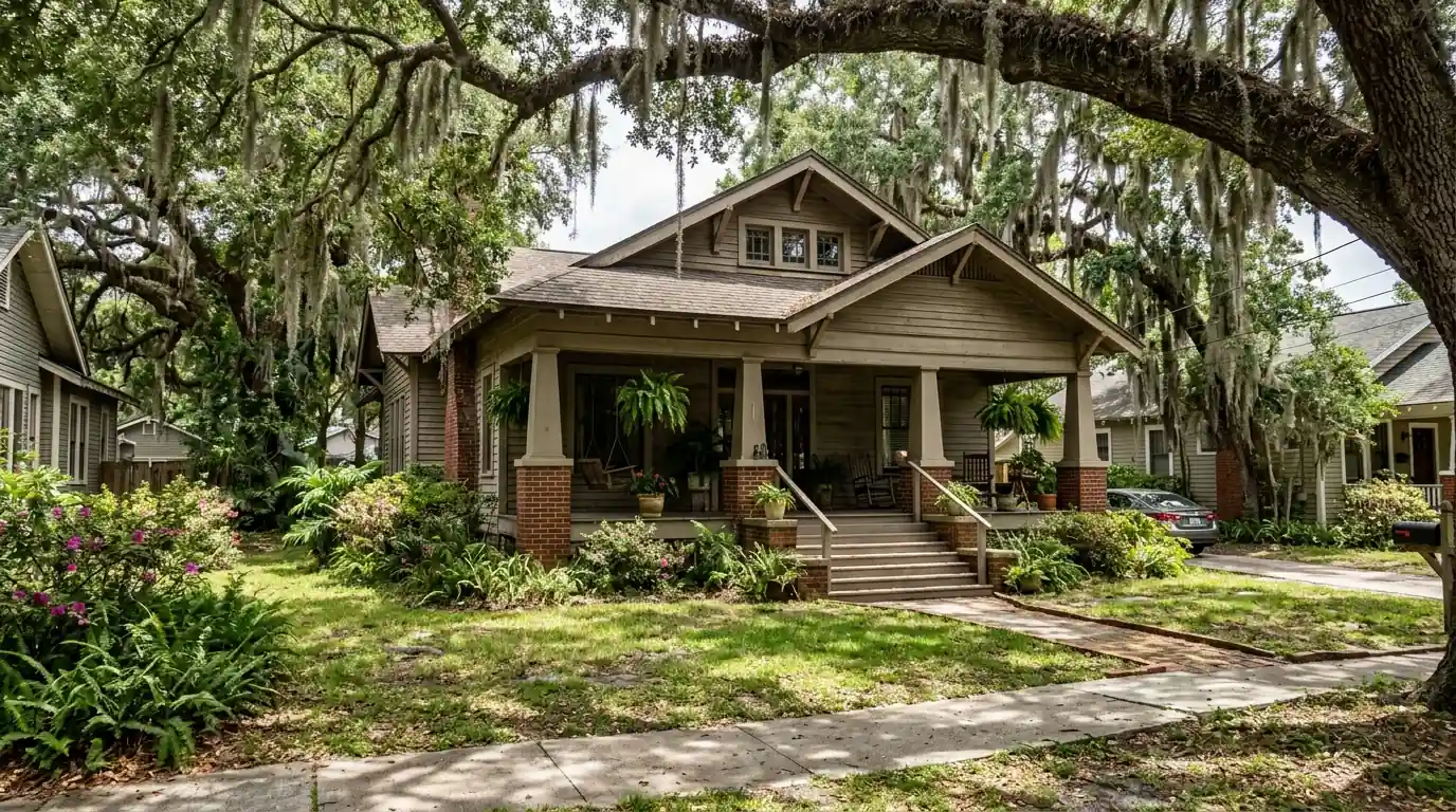 photo, historic Riverside Jacksonville bungalow with a deep front porch under live oaks, Jacksonville Florida home, natural light, prestonreeves-jax-guide-hvac-older-homes-riverside-avondale-1