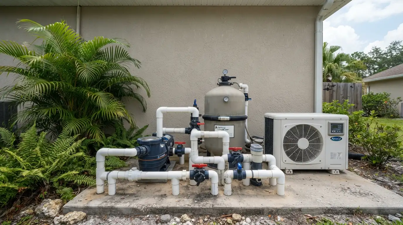Pool equipment pad with heat pump plumbing