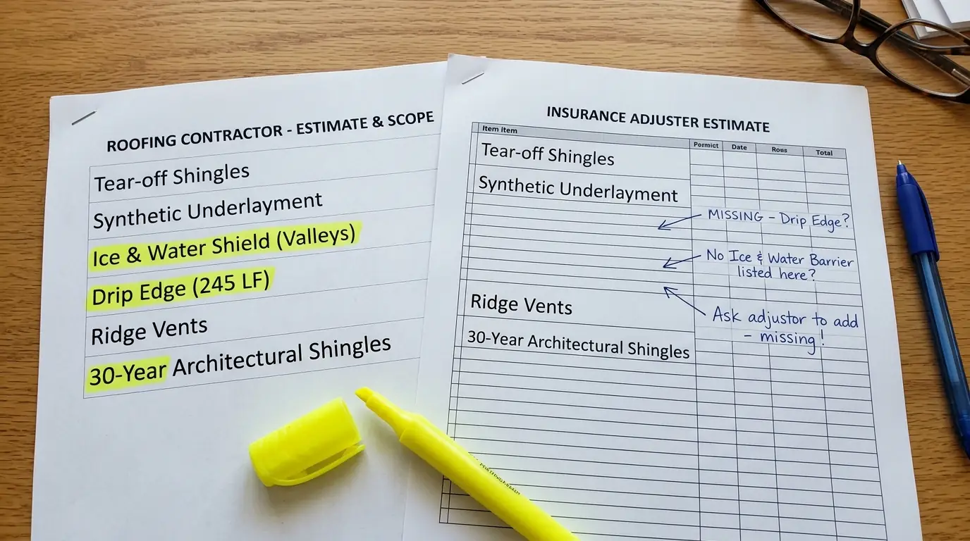Carrier estimate compared against the roofing scope