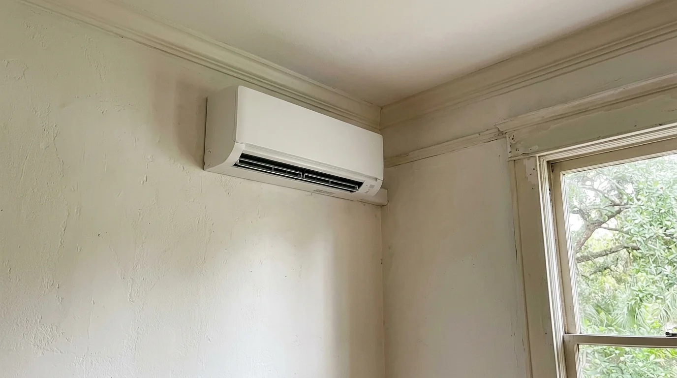 photo, ductless mini split indoor head mounted high on a plaster wall in an older Jacksonville home, Jacksonville Florida home, natural light, prestonreeves-jax-guide-hvac-older-homes-riverside-avondale-2