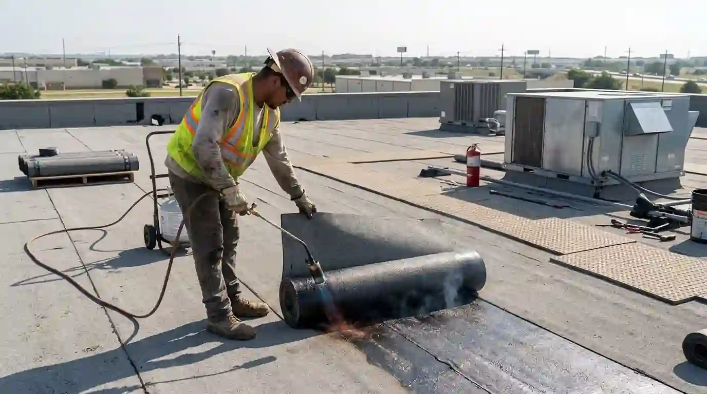 Modified bitumen cap sheet on a commercial roof