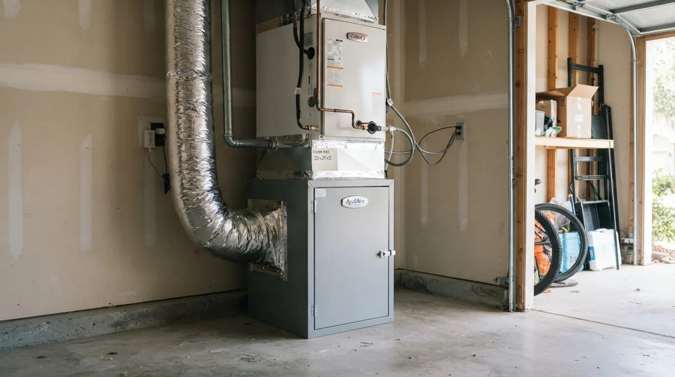 Media filter cabinet at an air handler in a Jacksonville garage
