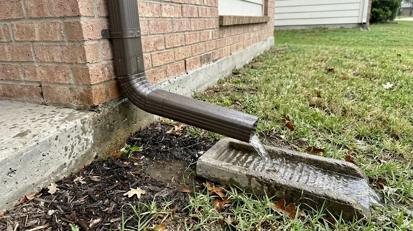 Downspout extension discharging away from a slab