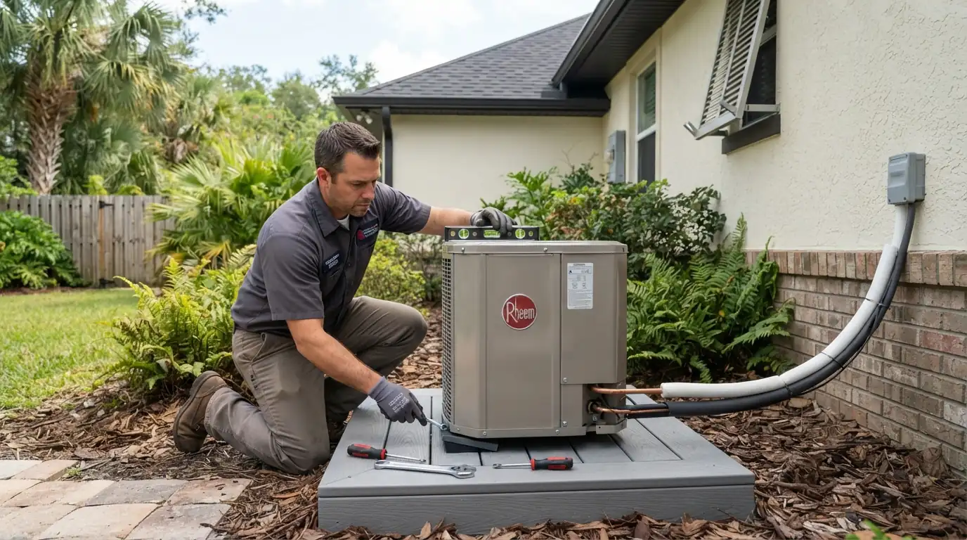Technician setting a new heat pump condenser at a Jacksonville home