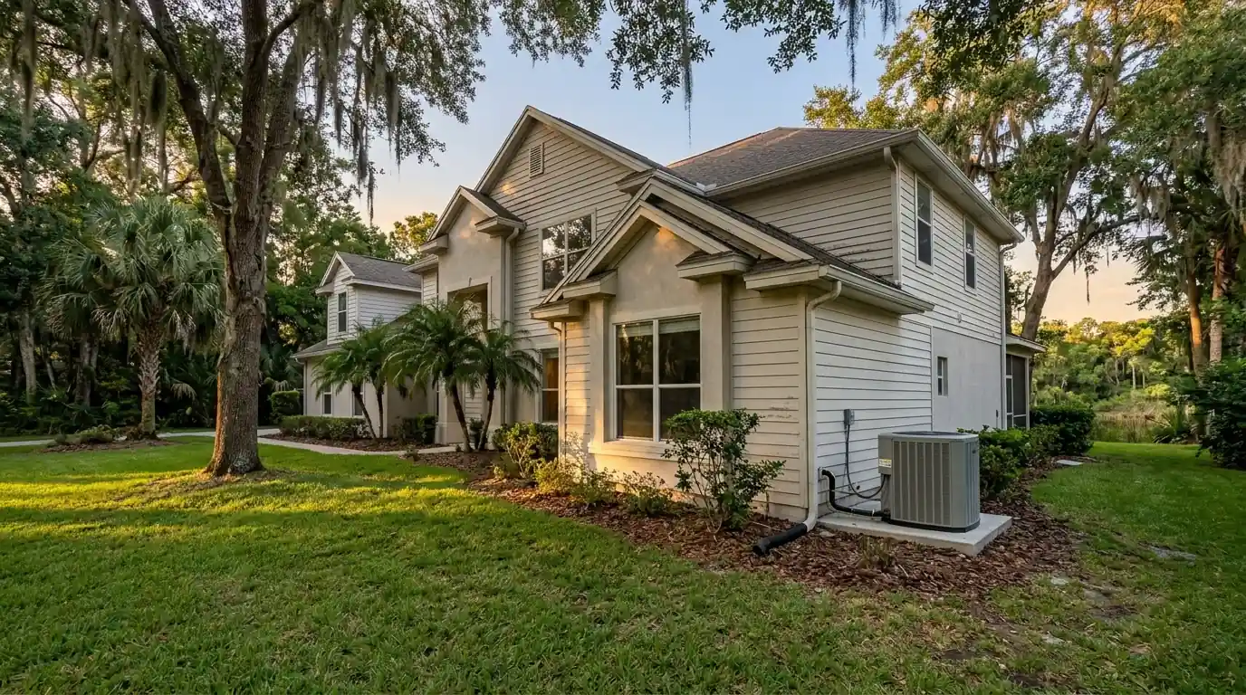 photo, two-story Fleming Island Florida home near Doctors Lake with a variable speed condenser on a side pad, evening light, Jacksonville Florida home, natural light, prestonreeves-jax-area-fleming-island-1