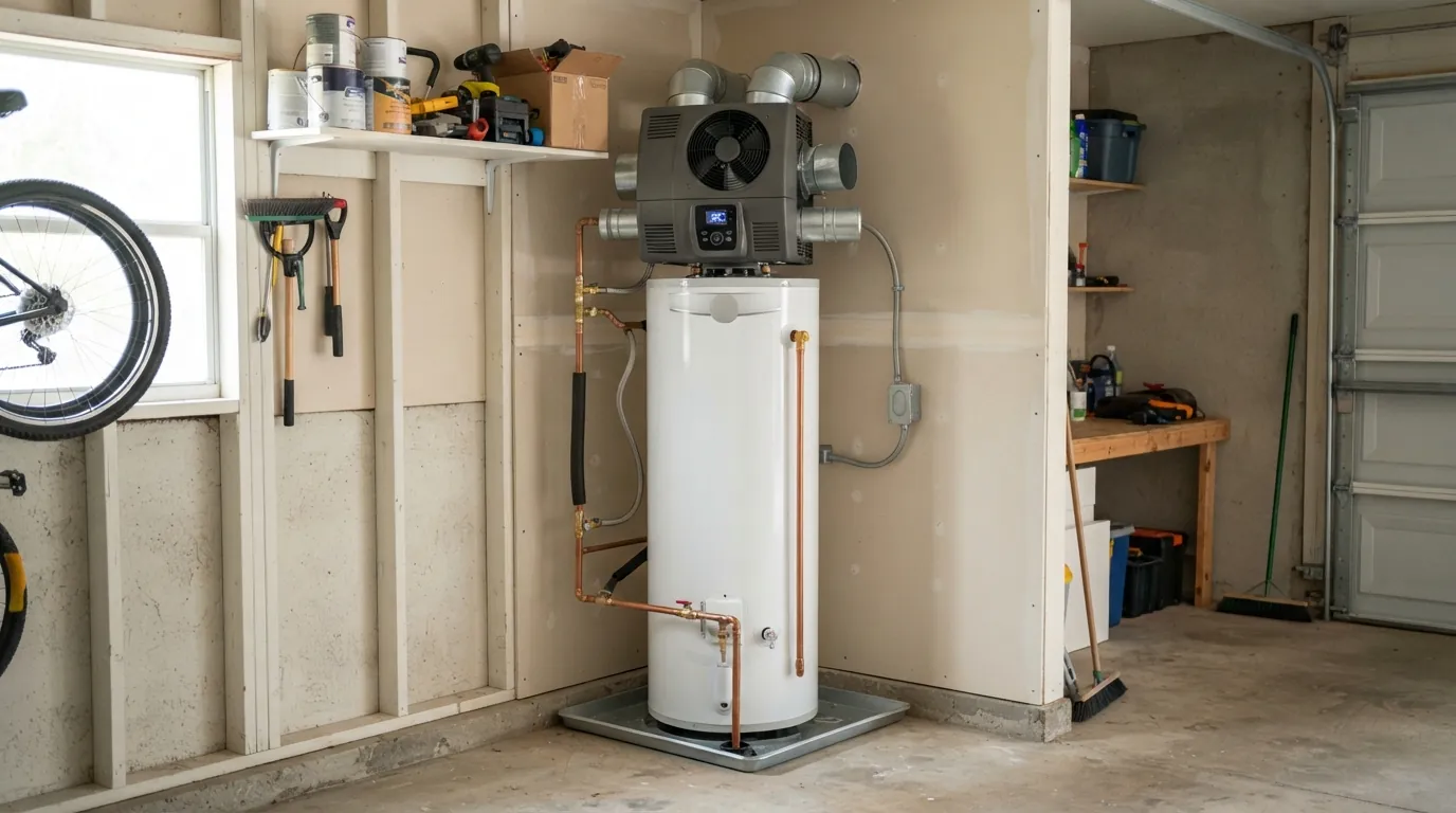 Heat pump water heater installed in a garage