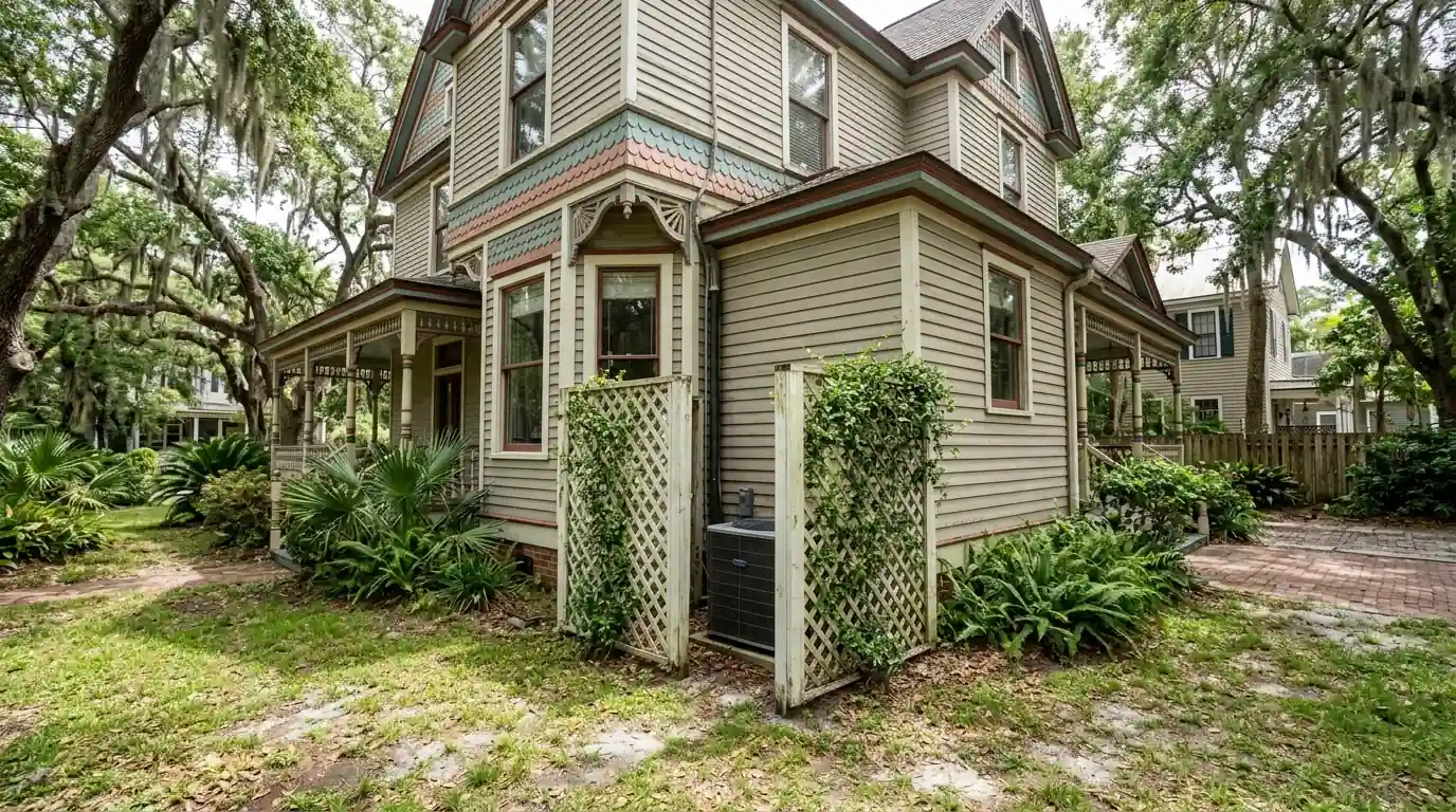 photo, Victorian Queen Anne house in Fernandina Beach historic district with a ductless condenser screened by lattice, Jacksonville Florida home, natural light, prestonreeves-jax-area-fernandina-beach-1