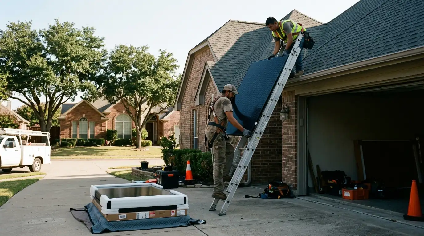 Solar panels removed and stacked before a Dallas re-roof