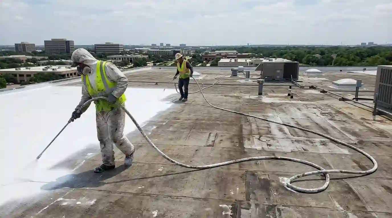 Silicone coating sprayed on a Dallas commercial roof