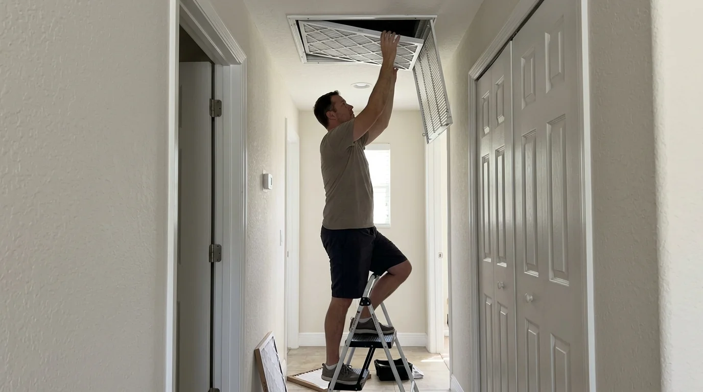 photo, homeowner replacing a pleated air filter in a hallway return grille, Jacksonville Florida home, natural light, prestonreeves-jax-guide-ac-maintenance-checklist-jacksonville-1