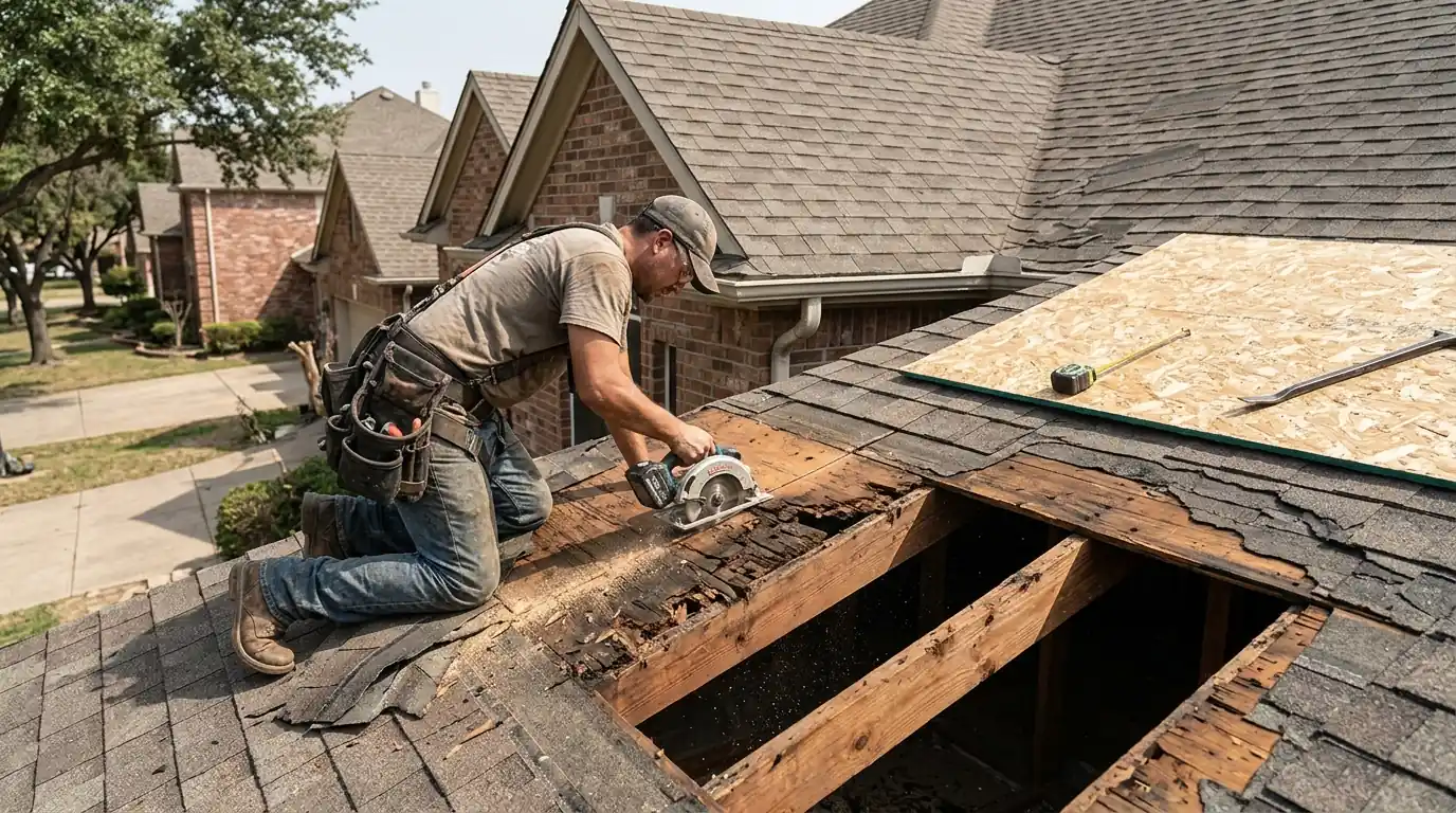 Rotted decking cut out to the rafters on a Dallas roof