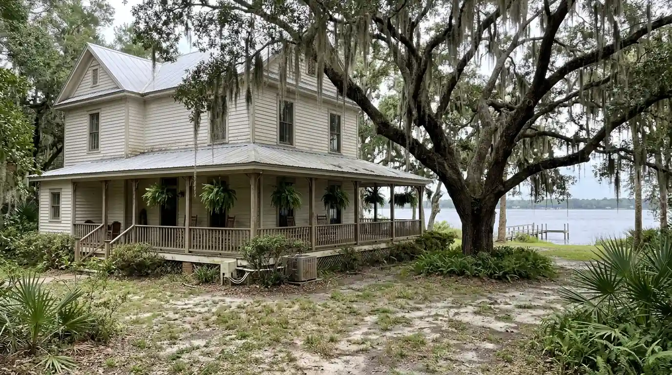 photo, historic riverfront home in Green Cove Springs Florida with live oaks and a small condenser beside the porch, Jacksonville Florida home, natural light, prestonreeves-jax-area-green-cove-springs-1