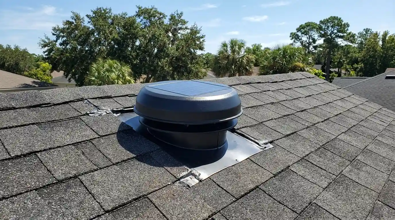 photo, solar powered attic fan on an asphalt shingle roof of a Florida home under a bright sky, Jacksonville Florida home, natural light, prestonreeves-jax-attic-fan-installation-1