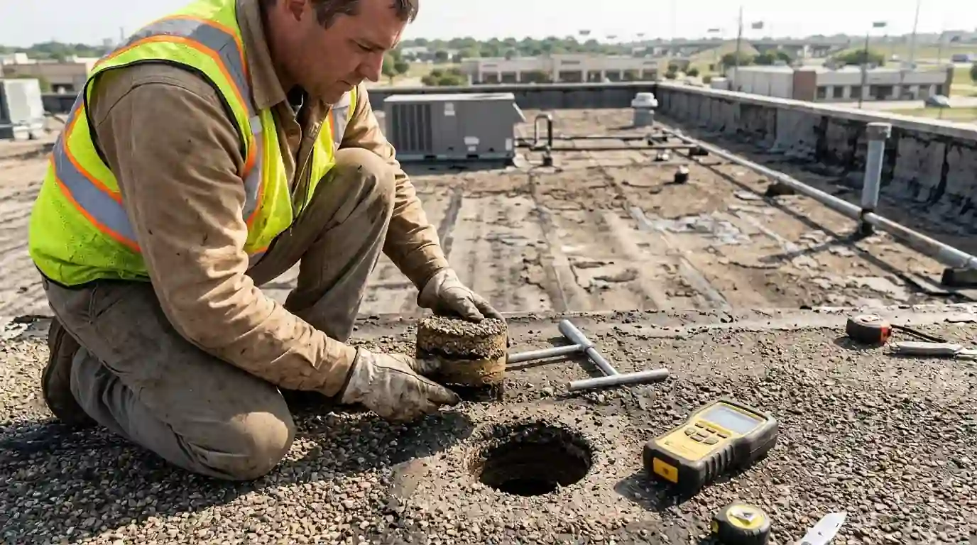Core cut moisture survey on a commercial roof